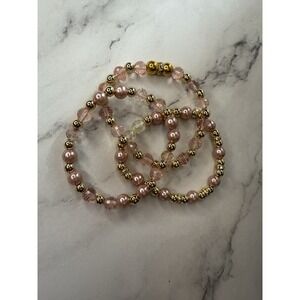 handmade beaded bracelet set pink and gold‎ tones set of 3